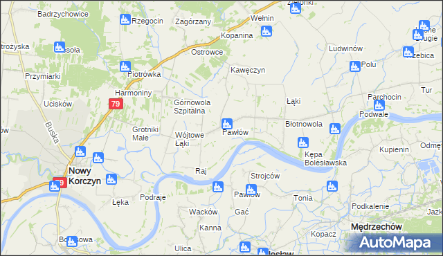 mapa Pawłów gmina Nowy Korczyn, Pawłów gmina Nowy Korczyn na mapie Targeo