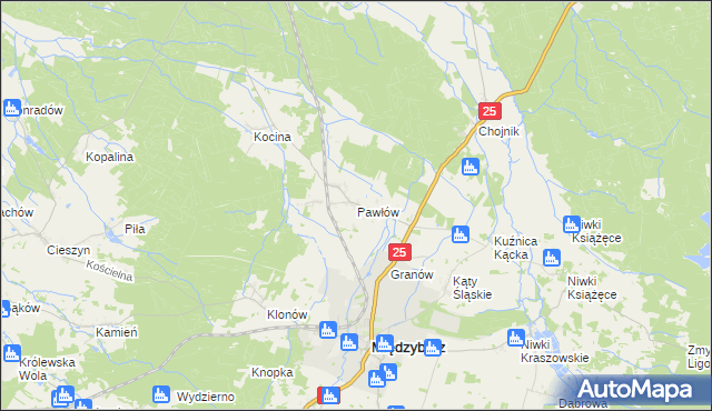 mapa Pawłów gmina Sośnie, Pawłów gmina Sośnie na mapie Targeo