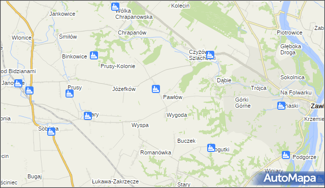 mapa Pawłów gmina Zawichost, Pawłów gmina Zawichost na mapie Targeo