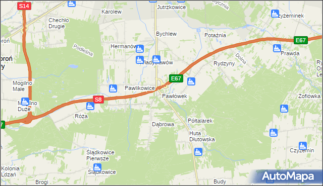 mapa Pawłówek gmina Dłutów, Pawłówek gmina Dłutów na mapie Targeo