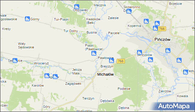 mapa Pawłowice gmina Michałów, Pawłowice gmina Michałów na mapie Targeo