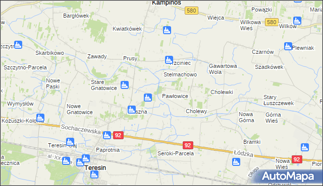 mapa Pawłowice gmina Teresin, Pawłowice gmina Teresin na mapie Targeo