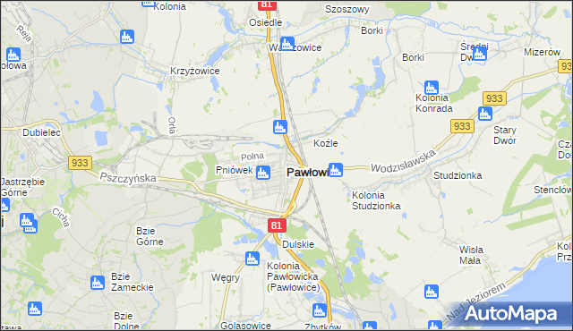 mapa Pawłowice powiat pszczyński, Pawłowice powiat pszczyński na mapie Targeo