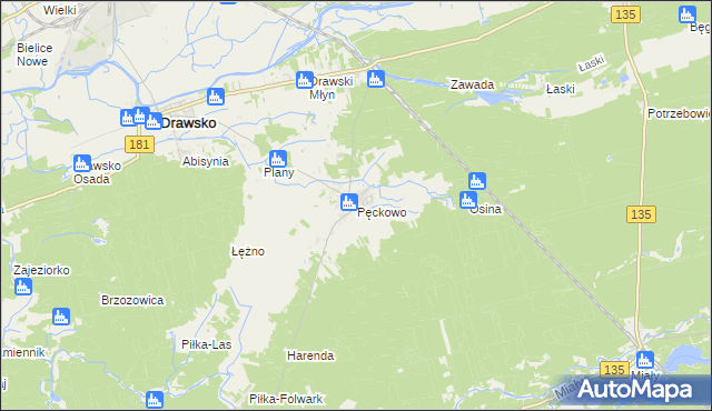 mapa Pęckowo gmina Drawsko, Pęckowo gmina Drawsko na mapie Targeo