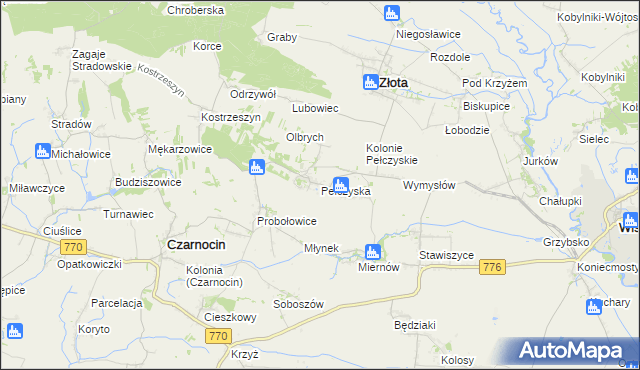 mapa Pełczyska gmina Złota, Pełczyska gmina Złota na mapie Targeo