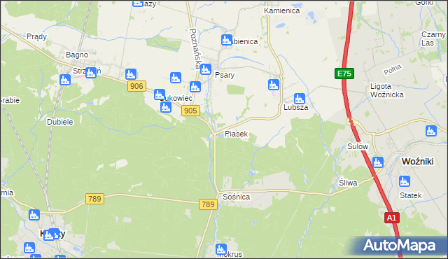 mapa Piasek gmina Woźniki, Piasek gmina Woźniki na mapie Targeo