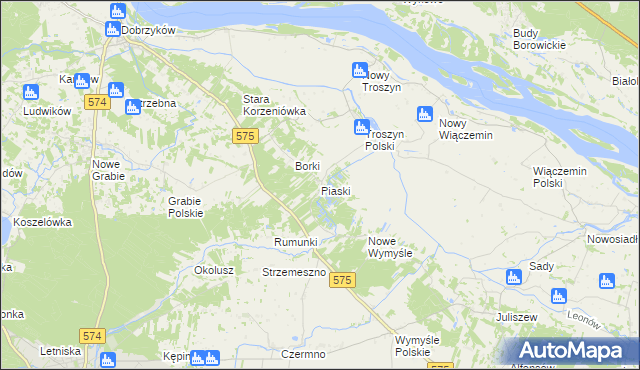 mapa Piaski gmina Gąbin, Piaski gmina Gąbin na mapie Targeo