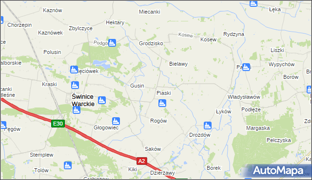 mapa Piaski gmina Świnice Warckie, Piaski gmina Świnice Warckie na mapie Targeo