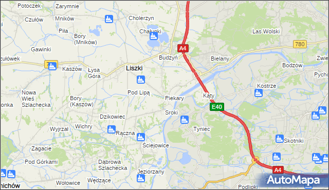 mapa Piekary gmina Liszki, Piekary gmina Liszki na mapie Targeo