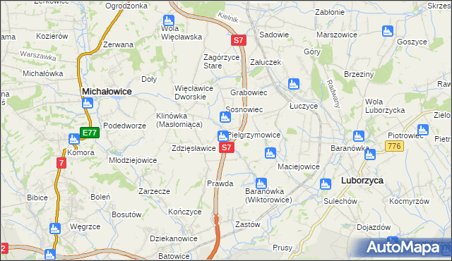 mapa Pielgrzymowice gmina Michałowice, Pielgrzymowice gmina Michałowice na mapie Targeo