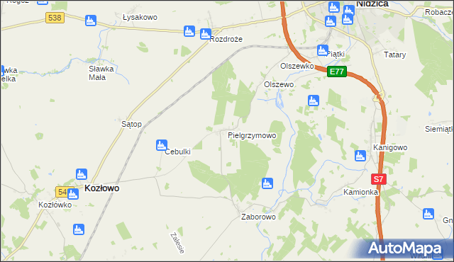 mapa Pielgrzymowo gmina Kozłowo, Pielgrzymowo gmina Kozłowo na mapie Targeo