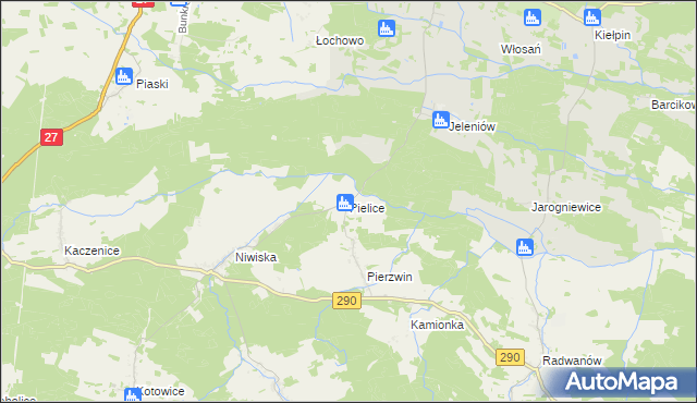 mapa Pielice gmina Nowogród Bobrzański, Pielice gmina Nowogród Bobrzański na mapie Targeo