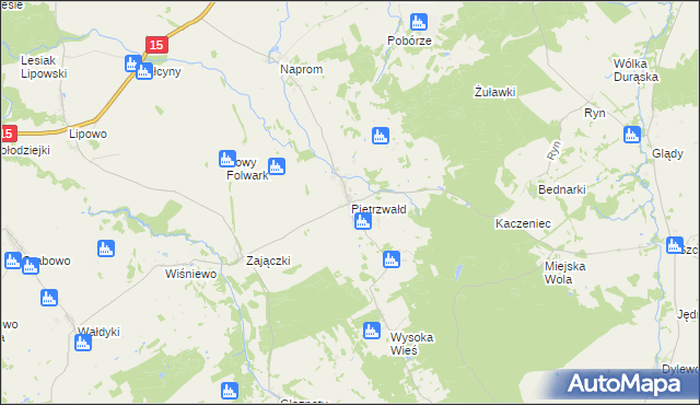 mapa Pietrzwałd gmina Ostróda, Pietrzwałd gmina Ostróda na mapie Targeo