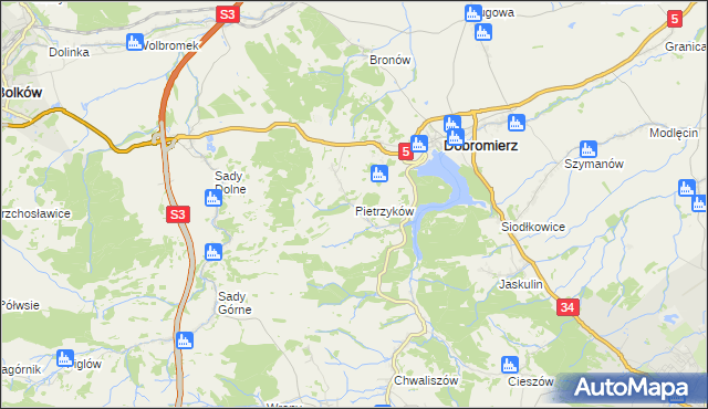 mapa Pietrzyków gmina Dobromierz, Pietrzyków gmina Dobromierz na mapie Targeo