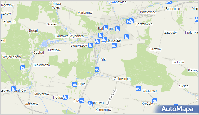 mapa Piła gmina Sędziszów, Piła gmina Sędziszów na mapie Targeo