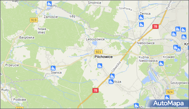 mapa Pilchowice powiat gliwicki, Pilchowice powiat gliwicki na mapie Targeo