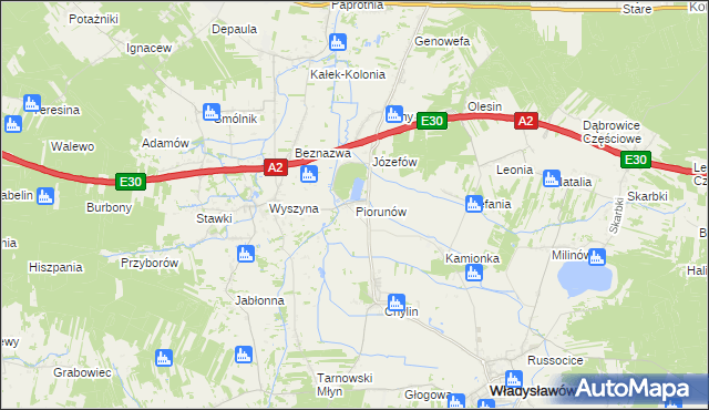 mapa Piorunów gmina Władysławów, Piorunów gmina Władysławów na mapie Targeo