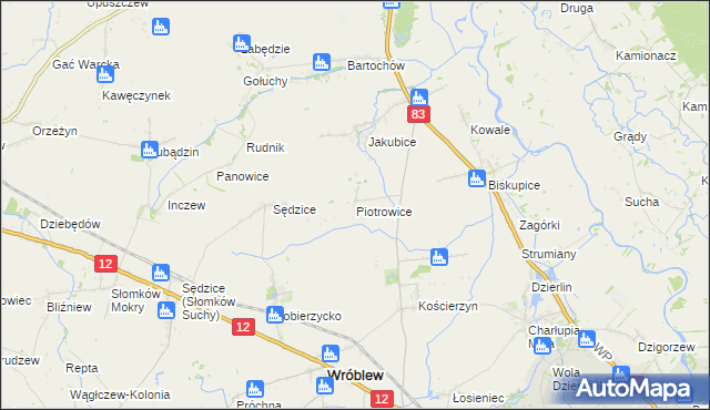 mapa Piotrowice gmina Warta, Piotrowice gmina Warta na mapie Targeo