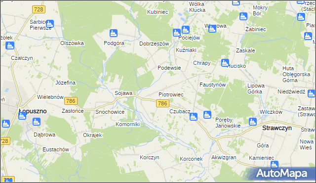 mapa Piotrowiec gmina Łopuszno, Piotrowiec gmina Łopuszno na mapie Targeo