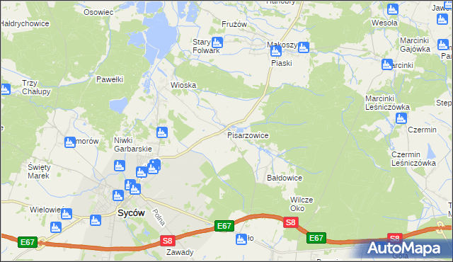 mapa Pisarzowice gmina Kobyla Góra, Pisarzowice gmina Kobyla Góra na mapie Targeo