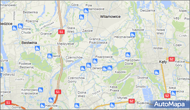 mapa Pisarzowice gmina Wilamowice, Pisarzowice gmina Wilamowice na mapie Targeo