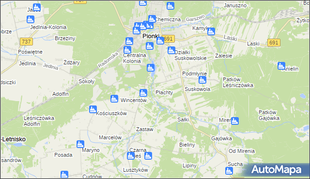 mapa Płachty gmina Pionki, Płachty gmina Pionki na mapie Targeo