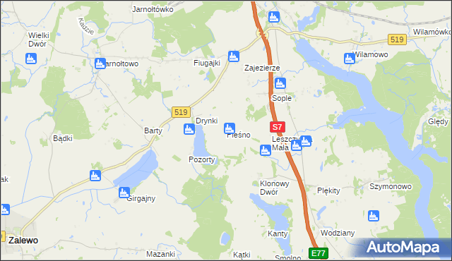 mapa Pleśno gmina Małdyty, Pleśno gmina Małdyty na mapie Targeo