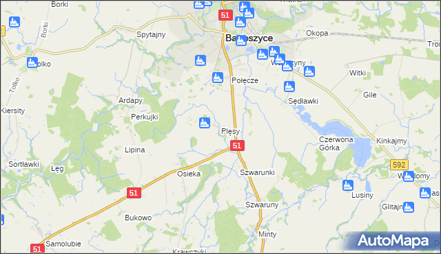 mapa Plęsy gmina Bartoszyce, Plęsy gmina Bartoszyce na mapie Targeo