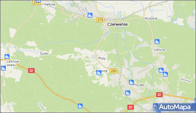 mapa Płoty gmina Czerwieńsk, Płoty gmina Czerwieńsk na mapie Targeo