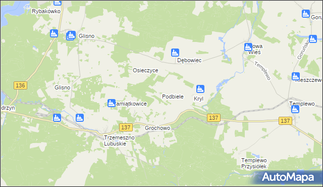 mapa Podbiele gmina Sulęcin, Podbiele gmina Sulęcin na mapie Targeo