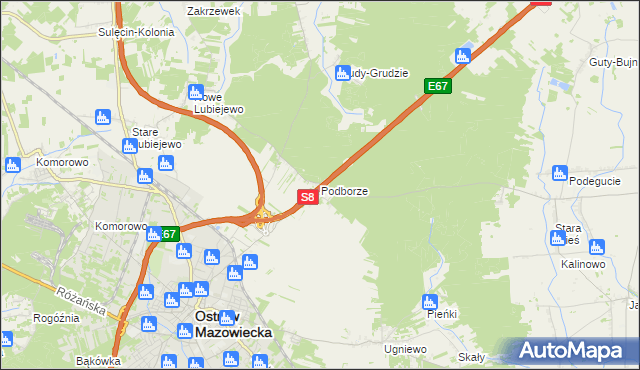 mapa Podborze gmina Ostrów Mazowiecka, Podborze gmina Ostrów Mazowiecka na mapie Targeo