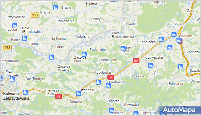 mapa Podchybie gmina Lanckorona, Podchybie gmina Lanckorona na mapie Targeo