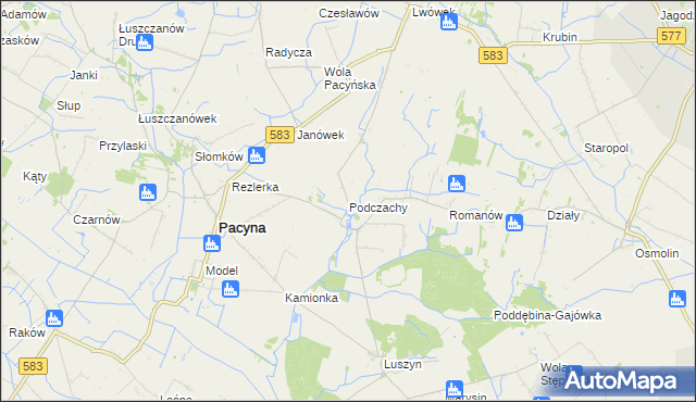 mapa Podczachy gmina Pacyna, Podczachy gmina Pacyna na mapie Targeo