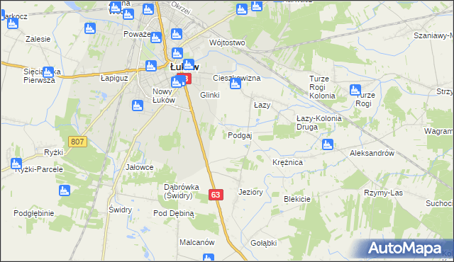 mapa Podgaj gmina Łuków, Podgaj gmina Łuków na mapie Targeo