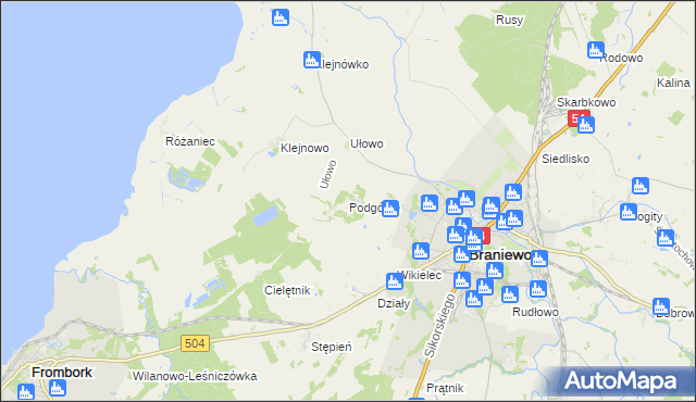 mapa Podgórze gmina Braniewo, Podgórze gmina Braniewo na mapie Targeo