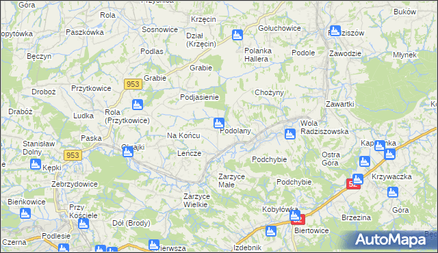 mapa Podolany gmina Kalwaria Zebrzydowska, Podolany gmina Kalwaria Zebrzydowska na mapie Targeo