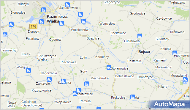 mapa Podolany gmina Kazimierza Wielka, Podolany gmina Kazimierza Wielka na mapie Targeo