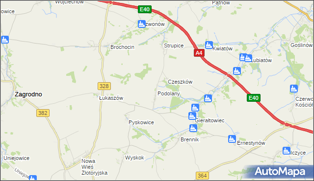 mapa Podolany gmina Złotoryja, Podolany gmina Złotoryja na mapie Targeo