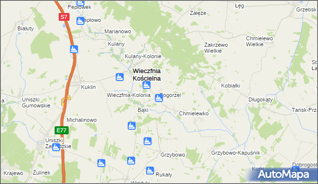 mapa Pogorzel gmina Wieczfnia Kościelna, Pogorzel gmina Wieczfnia Kościelna na mapie Targeo