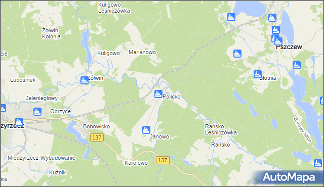 mapa Policko gmina Pszczew, Policko gmina Pszczew na mapie Targeo