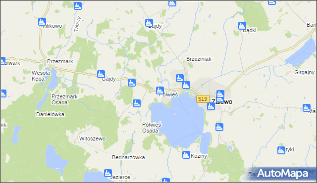 mapa Półwieś gmina Zalewo, Półwieś gmina Zalewo na mapie Targeo