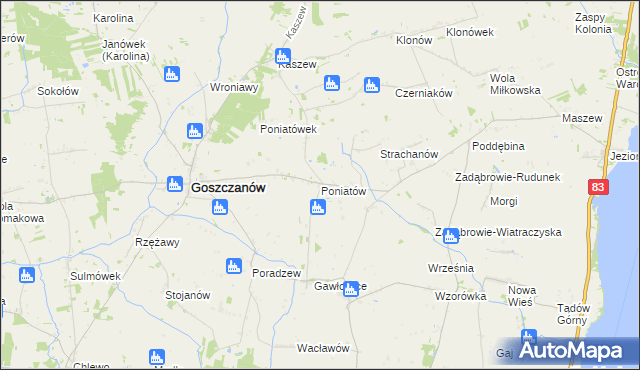 mapa Poniatów gmina Goszczanów, Poniatów gmina Goszczanów na mapie Targeo