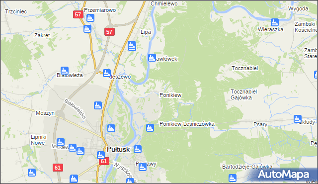 mapa Ponikiew gmina Pułtusk, Ponikiew gmina Pułtusk na mapie Targeo