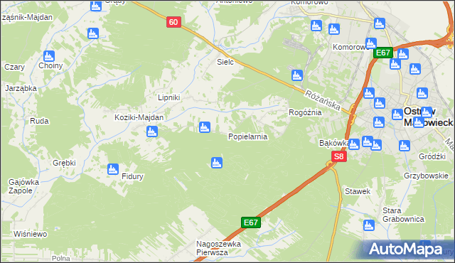 mapa Popielarnia gmina Ostrów Mazowiecka, Popielarnia gmina Ostrów Mazowiecka na mapie Targeo