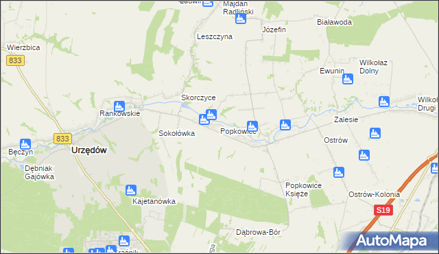 mapa Popkowice gmina Urzędów, Popkowice gmina Urzędów na mapie Targeo