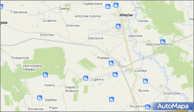 mapa Popławy gmina Milejów, Popławy gmina Milejów na mapie Targeo