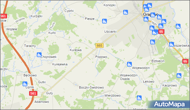 mapa Popowo gmina Grajewo, Popowo gmina Grajewo na mapie Targeo