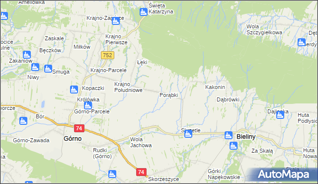 mapa Porąbki gmina Bieliny, Porąbki gmina Bieliny na mapie Targeo