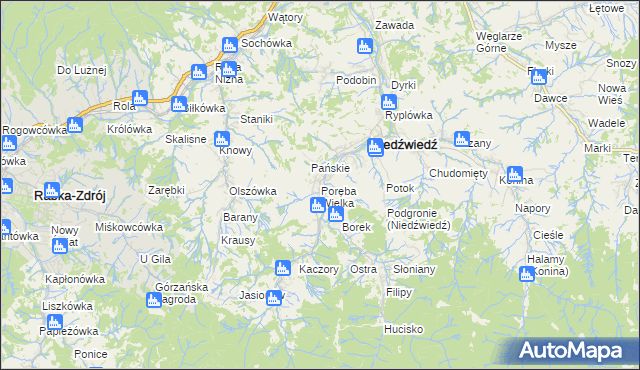 mapa Poręba Wielka gmina Niedźwiedź, Poręba Wielka gmina Niedźwiedź na mapie Targeo