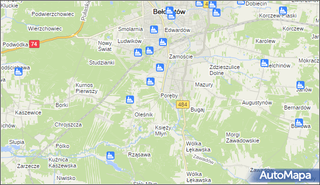 mapa Poręby gmina Bełchatów, Poręby gmina Bełchatów na mapie Targeo